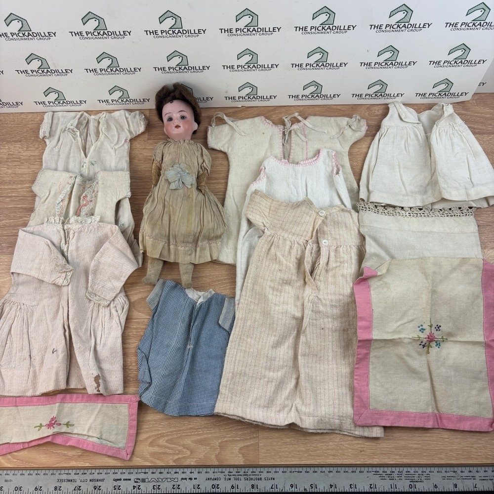 Antique Bisque Head Doll and Clothing Lot Handmade Lace Embroidery 10+ Pieces